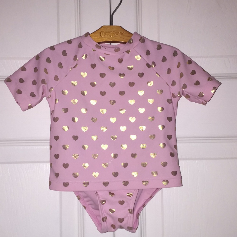Floatimini Infant Girls Rash Guard Swim Suit 12 Months Pink with Gold Hearts